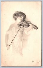 Postcard Victorian Beauty Woman In White Dress Playing Violin Artist Signed picture