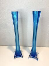 Vintage Mid Century Blue Art Glass Bud Vase Set picture