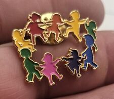 VTG Lapel Pinback Multicolored Children In Circle Pin Gold Tone picture