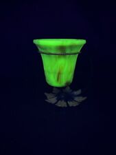 Vintage Akro Agate Uranium Slag Glass Plant Pot in Sunflower Stand picture