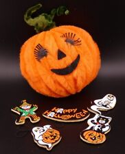 Vintage Halloween Chenille Pipecleaner Pumpkin & Wooden Hand Painted Magnets Lot picture