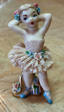 VINTAGE DRESDEN LACE BALLERINA FIGURINE PINK WHITE BLUE 4 INCHES 1951 picture