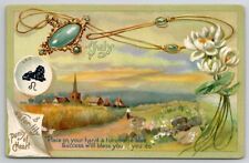 Birthday Sentiment July Turquoise Waterlily Leo Tuck Series Emb Postcard R26 picture