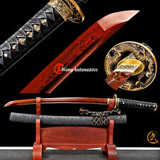 Red&Black Wakizashi Damascus Folded Steel Combat Ready Japanese Samurai Sword picture
