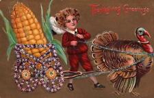 TURKEY PULLS CORN CART, Lovely GIRL On Colorful Vintage THANKSGIVING Postcard picture