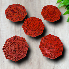 Vintage Lot 5 x Coasters Asian Carved Red-Orange Acrylic Cinnabar Style Octagon picture