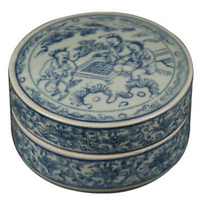10cm Chinese Old Porcelain Rouge Powder Box Ancient Man Play Chess Ink Box Craft picture