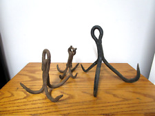 VTG/Antique Set of 3 Cast Iron Trap Drag Or Grapple Hooks Hand Forged 3 Prong picture