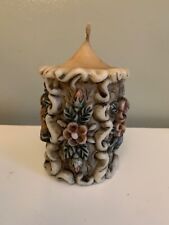 Vintage German Sculpted Carved Pillar Candle Painted Floral Flowers Raised 6” picture