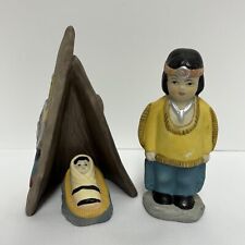 Vintage Set of Three Native American Figurines Women or Men Baby and Teepee picture
