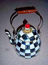 MacKenzie-Childs 2 QUART ENAMEL TEA KETTLE “COURTLY CHECK” w/RED FINIAL picture