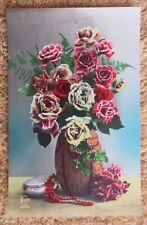 VINTAGE VASE WITH  ROSES TINTED HAPPY NAME DAY GREETING POSTCARD picture