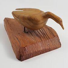 Vintage Hand Carved Wooden Duck Figurine Drift Wood On Stand Signature of Carver picture