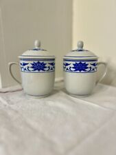 RARE Vintage Chinese Hand Painted Blue Lotus Flower Tea Cups with Lid set of 2 picture