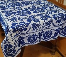 Antique Blue Flower Embroidery Linen Tablecloth Country Cottage Centerpiece picture