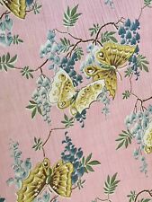 Antique1900 Wisteria Floral Butterfly Crepe Cotton Fabric ~ Pink Blue Yellow  picture