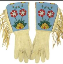 Old American Style Handmade Crow Beaded Leather Gauntlet Gloves Floral Design G2 picture
