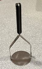 Unusual Vintage Solid Plate Potato Masher Stainless Steel Black Handle Rivets picture