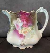 Vtg. Large Austrian Victorian Pitcher Green W/Pink White Florals By M & Z picture