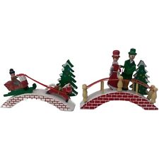 Vintage Small Christmas Wooden Figures Bridge Sleigh Tree Made In Taiwan Village picture