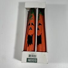 Midwest Halloween Pumpkin Taper Candles Sculptured Pair Orange Green Vines 9