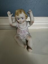 Vintage Bisque Porcelain Blue Eyes Blonde 7” Piano Baby Pink Ruffled Romper picture