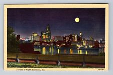 Baltimore MD-Maryland, Skyline at Night, Antique Vintage Postcard picture