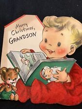 #2050🌟Vintage 1948 “Merry Christmas, GRANDSON” Flocked Hallmark Christmas Card picture