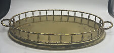 Vintage Brass Oval Vanity Bar Serving Tray Bamboo Rail Edge Hollywood Regency  picture