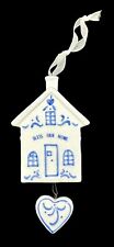 Ceramic Bless Our Home Hanging Ornament White Blue House Heart 3.25 inches picture