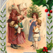 ANTIQUE SANTA CLAUS IN BROWN ROBE AND WHITE HOOD 1908 GERMAN CHRISTMAS POSTCARD picture