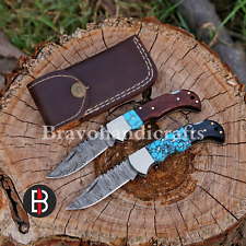 Handmade Damascus Steel Folding Pocket Knife, Turquoise Gemstone Pack of 2 Knife picture