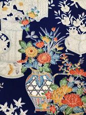 @@ 150 cm x 36 cm Japanese kimono silk fabric/ navy blue, flower basket Q7 picture