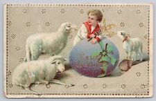 Easter Greetings Cute Boy Big Blue Egg Lamb Sheep c1913 Textured Gel Gold Gilt picture