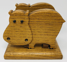 Vintage 1980's Napkin Holder Oak Hippopotamus Handmade Signed House Hippo Whimsy picture