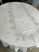 Vintage Cotton Banquet Tablecloth & Napkin Set Embroidery & Drawnwork 68