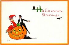 Vintage Art Deco, Elegant Man, Woman, Romance JOL, Pumpkin Halloween Postcard picture