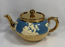 Vintage Gibsons Staffordshire Teapot Blue & Gold with Cream Embossed Cherub  picture