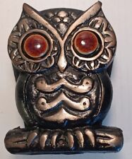 Vintage 1960s 70s Cast Iron OWL Napkin Bill Holder Ceramic Eyes Made in Taiwan picture