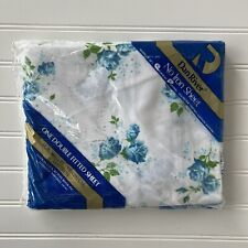 Vtg. USA No Iron Double Fitted Sheet By Dan River Blue Roses Floral Flowers picture