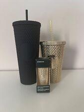 starbucks 24oz 16oz matte black gold tumbler with straw BRAND NEW LOT OF 2 picture