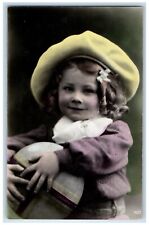 c1095 Easter Pretty Littel Girl Curly Hair Bonnet RPPC Photo Antique Postcard picture