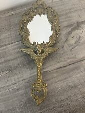Vintage Rare Solid Brass Ornate Art Nouveau Hand Mirror Angel/Cherub picture
