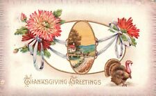 1911 Thanksgiving Greetings Landscape Flowers Turkey Design Vintage Postcard picture