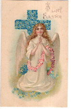 ANTIQUE  EMBOSSED EASTER Postcard    ANGEL, KNEELING, PRAYING HANDS, CROSS picture