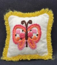 Handmade Vintage Small Pillow Pin Cushion Needlework Gold Orange Pink 70s picture