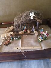 Vintage Italian Nativity Set Wood Creche Manger 9 Figures  Italy 13x11x6 Hay  picture