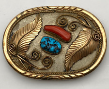 WOW Wilbur Wauneka Sterling and Gold Navajo Belt Buckle Turquoise Red Coral picture