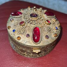 Vtg  German Engraved Metal Colorful Jeweled Round Hinged Jewelry Box Trinket picture