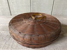 Vintage Woven Chinese Sewing Basket Glass Ring Handle 9” picture